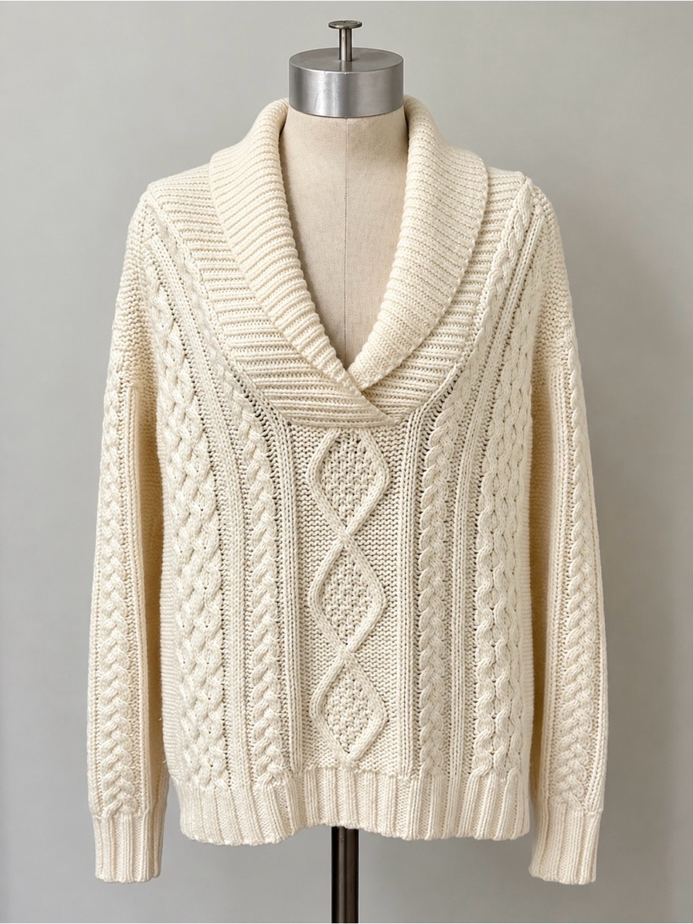 Eddie Bauer Cream Cable Knit Shawl-Collar Sweater